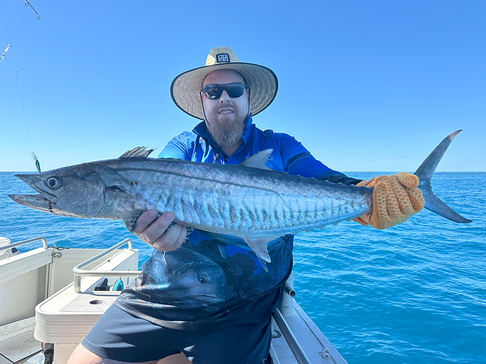 Angler holding a freshly caught Spanish mackerel fish